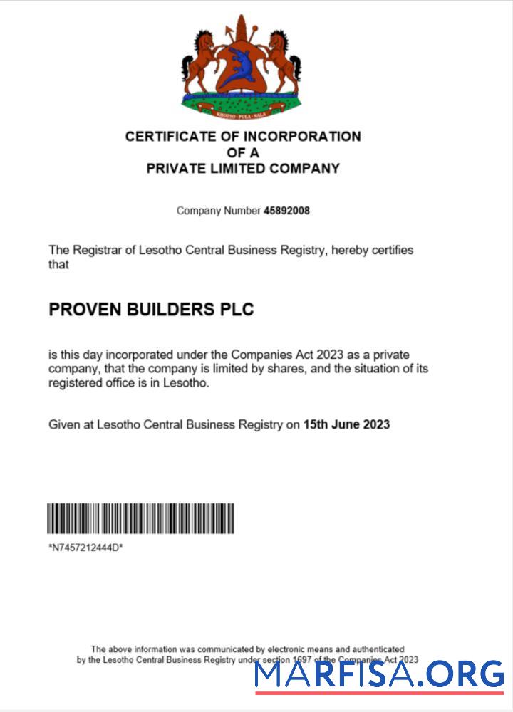 Downloadable Lesotho company registration certificate Word and PDF template